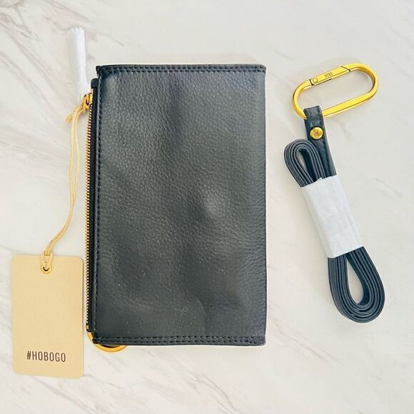 HOBO GO Tour Leather Zip Pouch‎ Bag, Wristlet, with Lanyard, Black/Gold, NWT - Picture 5 of 12